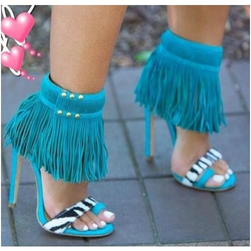 Hot Selling 2017 Blue Rose Red Fringe Sandals High Heel Gladiator Women Sandal Boots New Fashion Dress Party Summer Shoes Woman