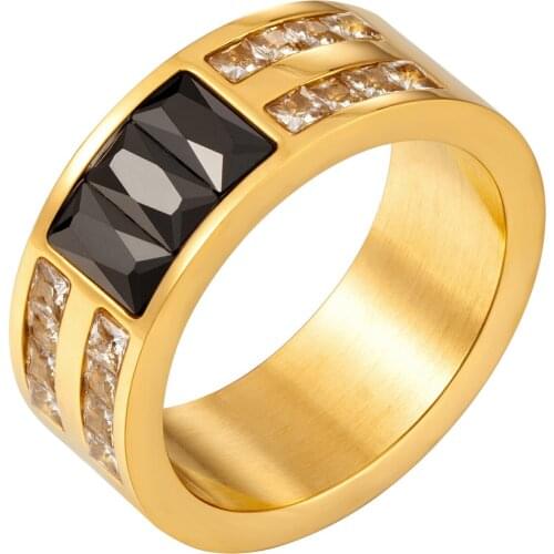 Trendy Black/White CZ Crystal Stainless Steel Rings For Women Men Couple Wedding Party Geometric Square Stone Jewelry Gifts