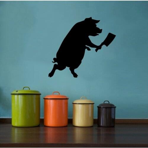 Cartoon Pig Holding Kitchen Knife Wall Sticker Removable PVC Animal Mural For Restaurant Cute Waterproof Decal M0043