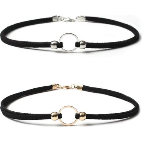 1 Piece Cool Simple Black Color Velvet Choker Necklace Set Satin Gold Color Metal Round Adjustable Size Women Fashion Jewelry