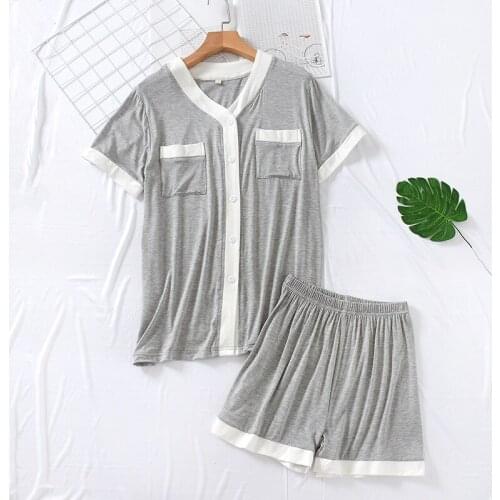 Modal Short Sleeve Pajamas for Women Thin Solid Sleepwear V-Neck Shorts Summer Soft Breathable Elastic Loose Simple 2 Piece Set