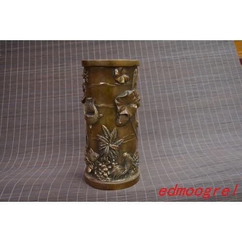 Rare Antique QingDynasty copper LOTUS&FISH vase sculpture,Hand-carving crafts,Collection&Adornment,Free shipping