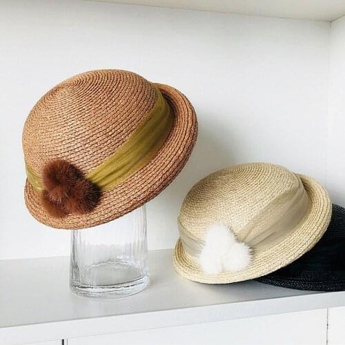 Spring summer paragraph rabbit fur ball net yarn decoration fine raffia female cute cute beret painter hat headdress straw hat