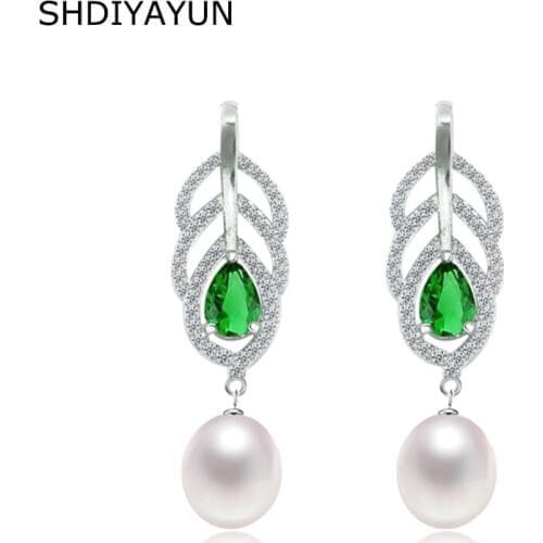 SHDIYAYUN 2019 Fine Pearl Earrings 925 Silver Jewelry Pearl Jewelry For Women Feather Water Drop Earrings Freshwater Pearl Gift