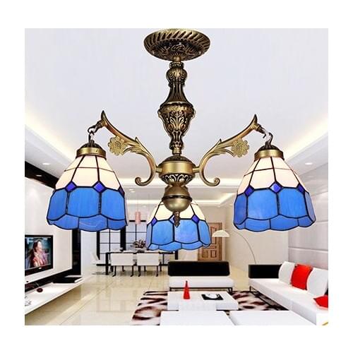 Mediterranean lamp 3 e27 bulbs, retro living room chandelier,Tiffany style stained glass iron lights, pastoral bedroom lamp