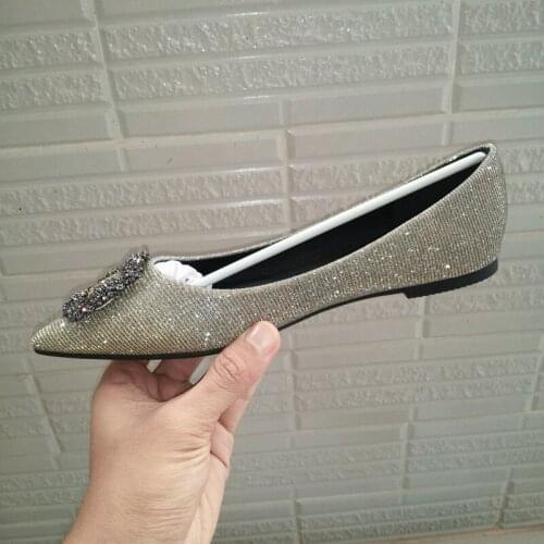 Womens Flat Shoes water drill square buckle pointy single shallow mouth hundreds of sequins snow buckle bridesmaids wedding