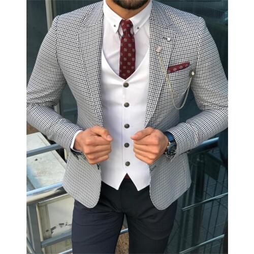 Tweed Blue Houndstooth 3 Pieces Custom Made Wedding Suits Lapel High Quality Fashion Formal Business Man Coat+Pant+Vest 2021