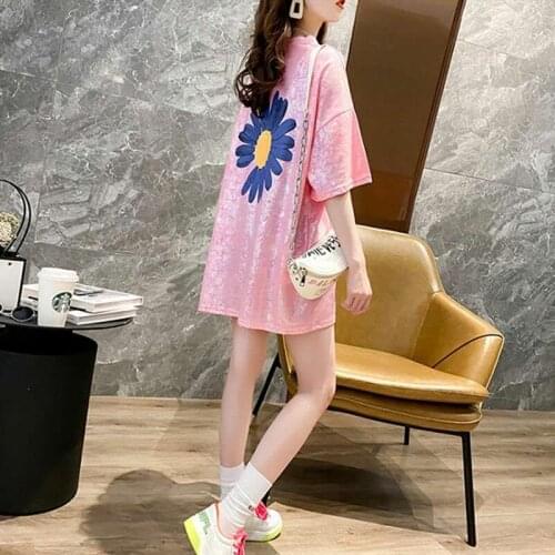 Fresh Small Daisies English Alphabet Embroidery Pink Green Beige White Straight Short Sleeve O-neck Summer Women Dress