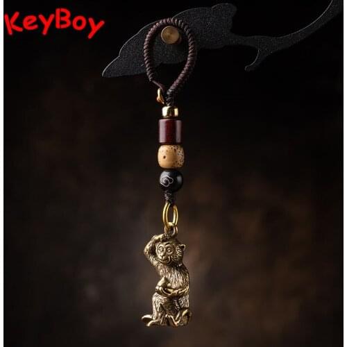 Animal Monkey Brass Car Keychain Pendant Vintage Luxury Trendy Motorcycle Keyring Hanging Handmade Woven Rope Bodhi Bead Lanyard