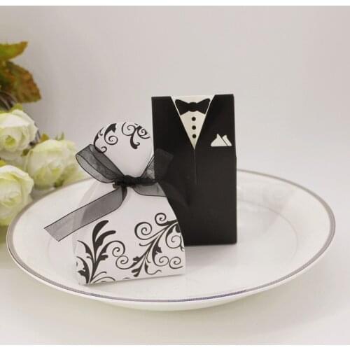 100pcs Wedding dress wedding wedding Box Bag Chocolate Candy Bag bride suit sweethearts gift ribbon