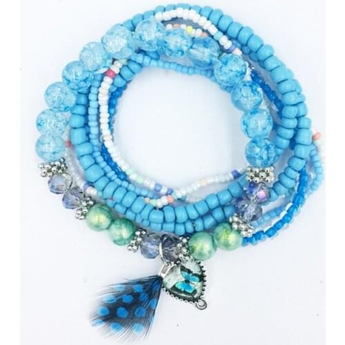 7pcs/set wholesale retail pop new woman 2019 feather crystal rice bead bracelet for woman enamel heart shape jewelry bangles