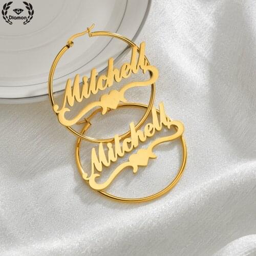 Diamon Personalized Big Earring 2021 Trend for Women Stainless Steel with Heart Custom Name Letter Hoop Earrings Jewelry Gift