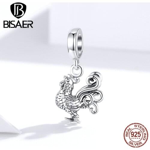 Rooster BISAER 925 Sterling Silver Brave Rooster Cock Animal Beads Charms fit Women Bracelets DIY Silver 925 Jewelry ECC1337