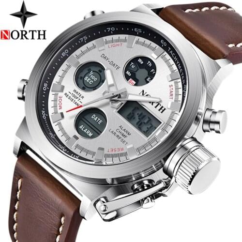 NORTH New Fashion Casual Analog Quartz Watch Men Waterproof Shock Leather Military Sport Digital Watches Mens Relogio Masculino