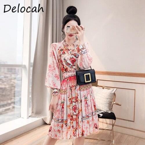 Delocah New 2021 Autumn Women Fashion Designer Skirts Set Lantern Sleeve Beading Blouses + High Waist Floral Print Skirts Suits