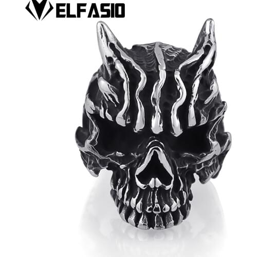 Elfasio Hells Devil Demon SKull Mens Stainless Steel Biker Ring Size 8-13