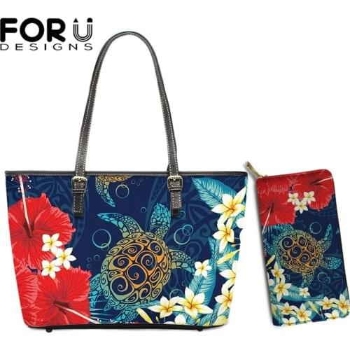 FORUDESIGNS 2Pcs Womens Pu Leather Top Handle Bags With Purses Hawaiian Turtle Hibiscus Polynesian Print Female Beach Tote Bags