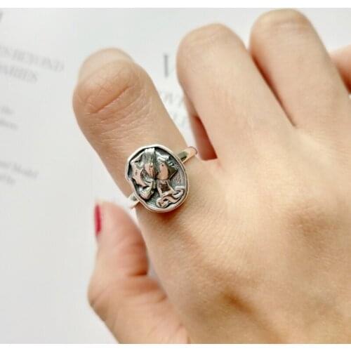 S925 Roman Vintage Embossed Character Avatar Irregular Oval Ring , Black Ancient Antique Silver Open Endings Free Size Ring
