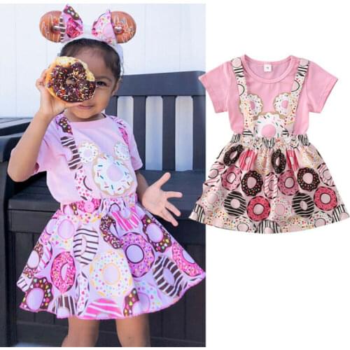 Cute Summer Newborn Baby Girls Cotton Short Sleeve Romper Tops+ Donuts Printed Skirts Summer 2PCS Outfit Set