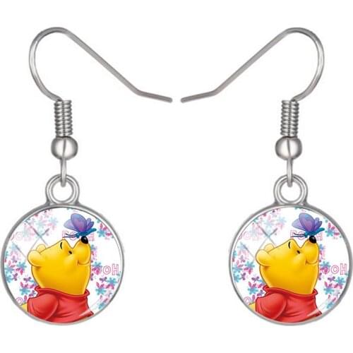 Disney Pooh Tigger Tiger Pattern Pendant Earrings Fashion Round Earrings Glass Cabochon Earrings Hook Earrings