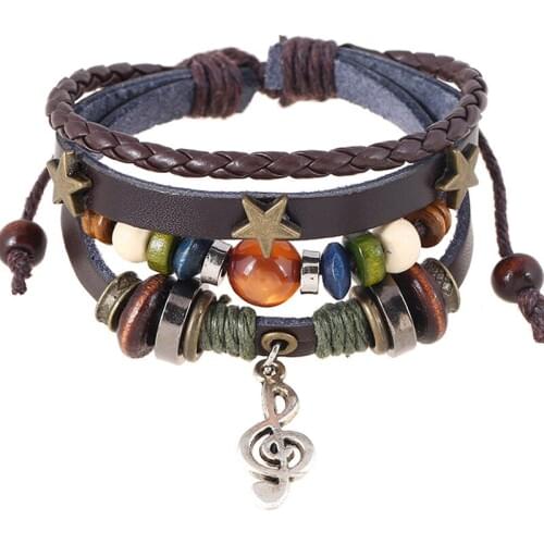 Vintage Beads Bracelets For Men Women 4 Layers Musical Hand Braided Leather Rope Bangle Charm Pulseras String Adjustable Gifts