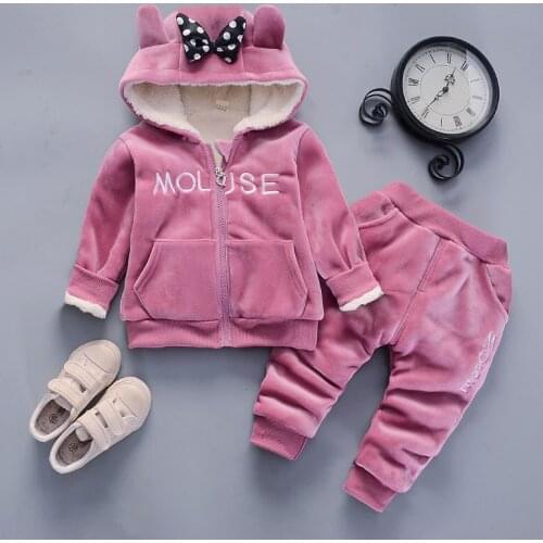 Baby girl clothes autumn winter baby 2 piece suit letter plus velvet thick warm bow hooded suit for kids baby boy baby girl suit