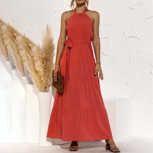 Solid Color Bandage Sexy Backless Neck-mounted Dress Women Sleeveless Folds A Line Elegant Temperament Streetwear Long Dresses