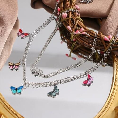 Vintage Multilayer Colourful Pendant Butterfly Necklace for Women Cute Crystal Butterflies Charm Choker Necklaces Jewelry Gifts