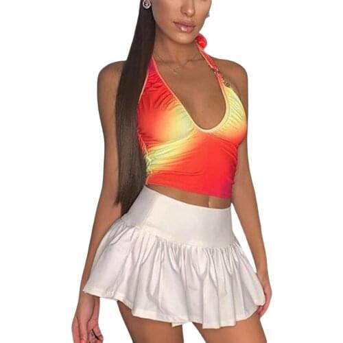Sexy Women Summer Casual Vest Tie-Dye Lace-Up Halter Neck Low-Cut Sleeveless Backless Crop Tops for Girls Orange