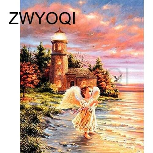 Full Round Diamond mosaic Lighthouse waves DIY Diamond embroidery sea Full Square Diamond painting Cross stitch Angel baby wing