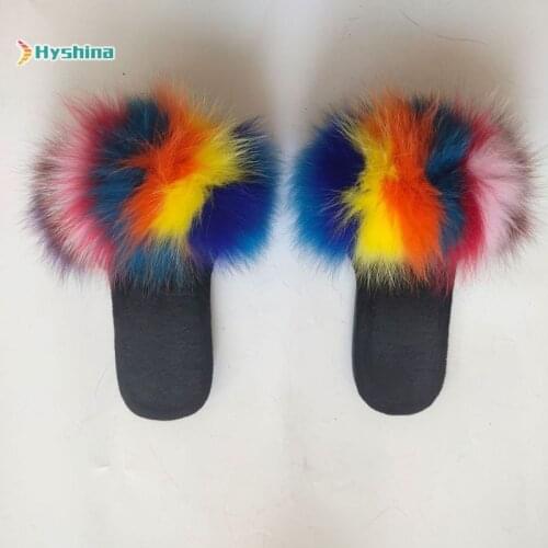 Autumn Women Fox Fur Slippers Real Fur Slides Female Winter Indoor Flip Flops Casual Raccoon Fur Sandals Vogue Fluffy Plush Shoe