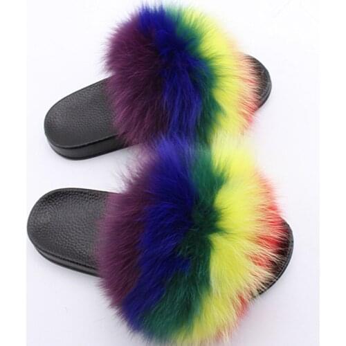 Summer Women Fox Fur Slippers Real Fur Slides Female Indoor Flip Flops Casual Raccon Fur Sandals Vogue Fluffy Plush Shoes