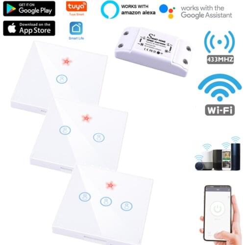 Tuya Smart Life APP 1/2/3Gang WiFi Touch Light Switch Wireless RF 433Mhz Wall Relay Timer Home Alexa Socket Lamp On Off Glass