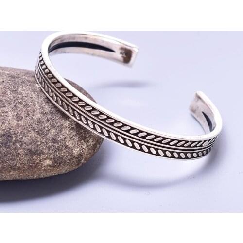 Vintage Leaves Pattern Cuff Bracelet for Men Silver Color Open Bracelets Bangle Gift for Him Punk Jewelry