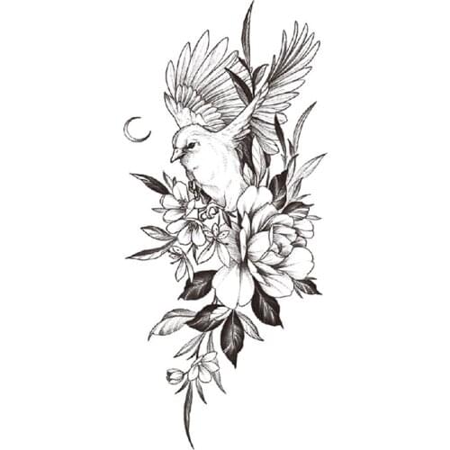Temporary Tattoo Stickers Black Rose Peony Flowers Bird Meniscus Totem Fake Tattoos Waterproof Tatoos Arm Large Size for Women