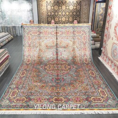 Yilong 10'x14' Top turkey quality oriental silk persian rugs hand knotted silk carpet (ZQG498A)