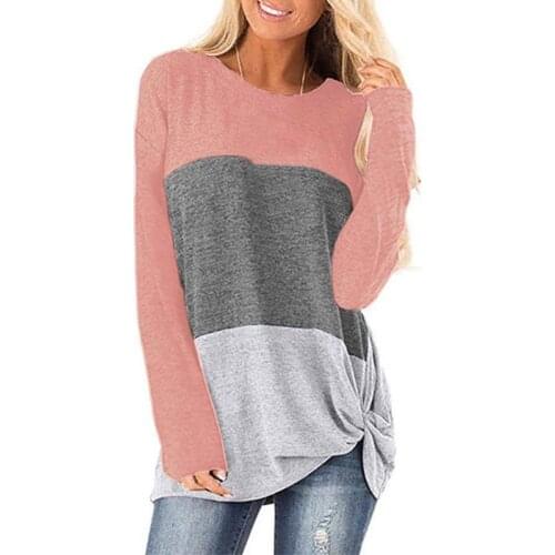 Autumn Ladies Color Matching Toggle Long Sleeve Tops T-shirt Side Toggle Color Colors Casual Top