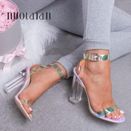 2019 Women Sandals Shoes Celebrity Wearing Simple Style PVC Clear Transparent Strappy Buckle Sandals High Heels Shoes Woman