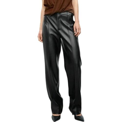 2021 New Fashion Women Sexy Black Faux Leather High Waist Straight Pants Female Vintage Loose PU Zipper Fly Trousers Streetwear