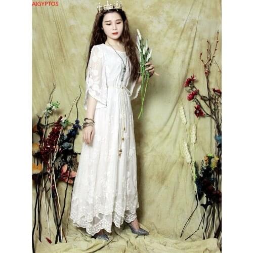Original Design AIGYPTOS Spring Summer Women Dress Vintage Elegant Embroidery White Lace Dresses Casual Loose Big Swing Dress