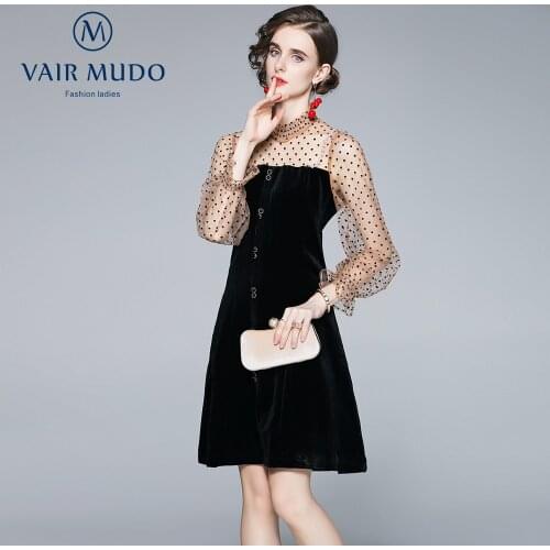 Fall 2021New Womens Dress Mesh Embroidered Polka Dot Pleated Fungus Lace Collar And Roman Cotton Slim Dress Fashion EleganY-245
