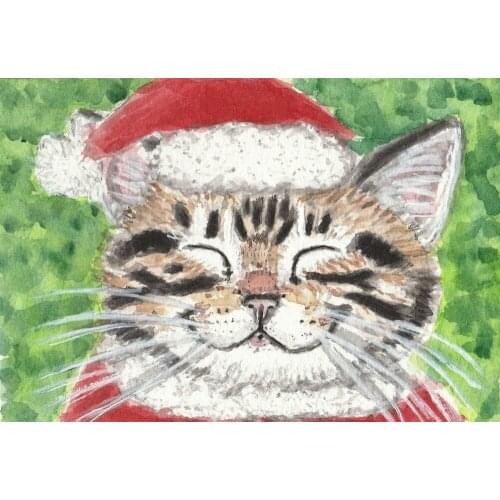 Animal Wall Painting for Kids Room Home Decor Canvas Art Oil Painting on Canvas Happy Tabby Cat in a Christmas Hat Handmade