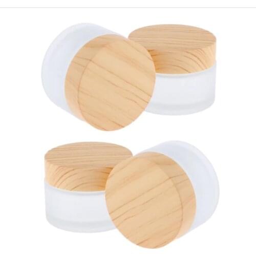 12 x 50g 30g 15g 10g 5g Frost Glass Cream Jar With plastic imitation wood lids 1/2oz 1/3oz 1oz Glass Containers For Cream using