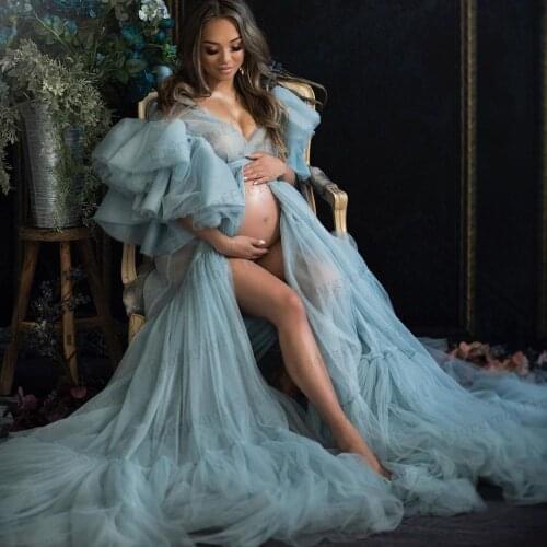 Dusty Blue A-Line Ruffled Tulle Long Maternity Dresses Women Elegant Open Front Tiered Pleated Ruffles Party Gowns Plus Size