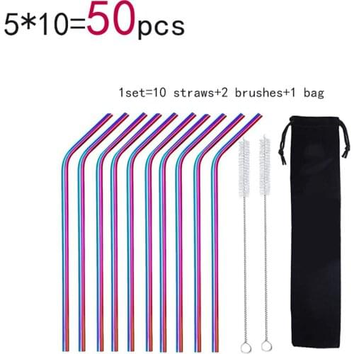 50pcs/lot Stainless Steel Drinking Bent Straws with Cleaning Brushes Reusable Rainbow Straws Eco-friendly