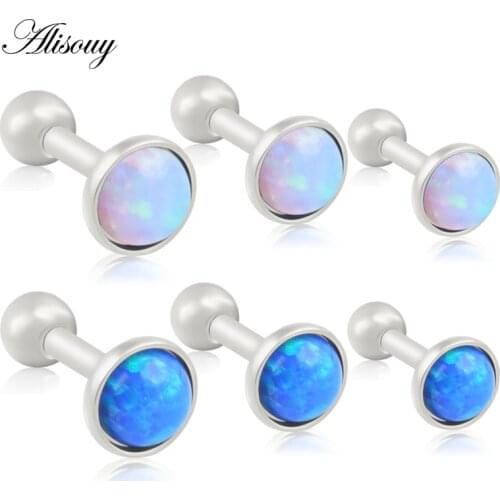 Alisouy 1Pc Stainless Steel Silver color 16g Opal Stone Ear Tragus Gauges Cartilage Helix Stud Earring Piercing Body Jewelry
