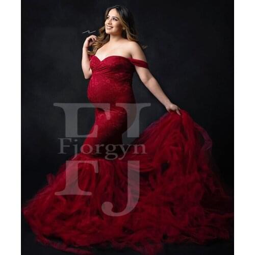 Elegant Dark Red Mermaid Off Shoulder Maternity Dress for Photography Lace and Tulle Pregnancy Gown for Photo Shoot Sweep Train