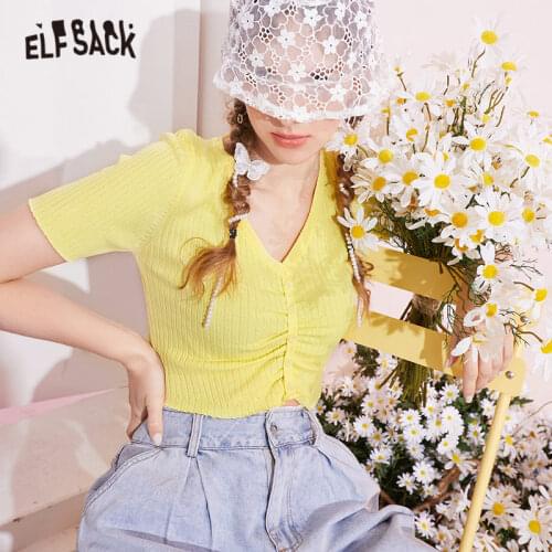ELFSACK Solid Pure Chic Button Women Pullovers Sweater,2021 Summer Vintage Short Sleeve,Casual Sweety Girly Daily Slim Top