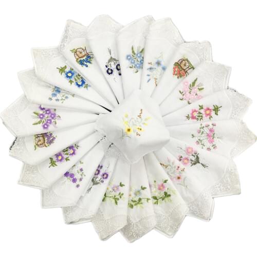 Hanky Womens Cotton Handkerchiefs with Butterfly Lace at Corner, Ladies Hankies 12 Pcs