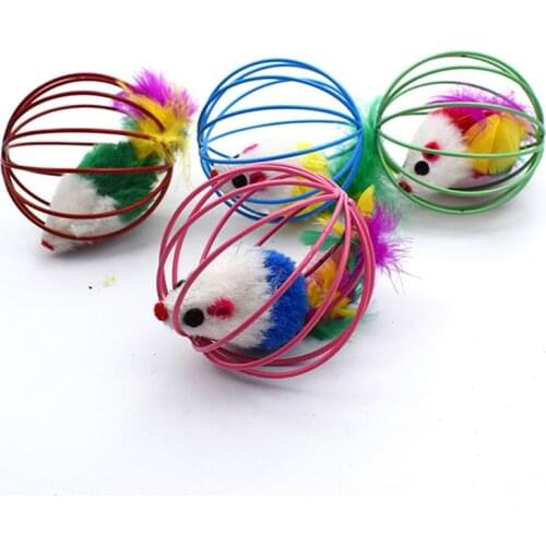 1Pcs Diam 6CM Pet Supplies Cat Interactive Playing Tools Non-toxic Random Color Plush Mouse Cat Toys Stainless Steel Iron Cage